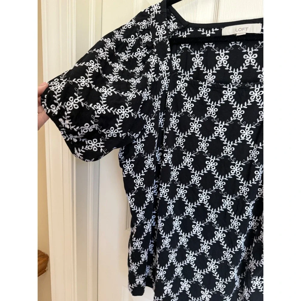 LOFT Black White Eyelet Embroidered Square Neck Puff Sleeve‎ Top Blouse XXL
